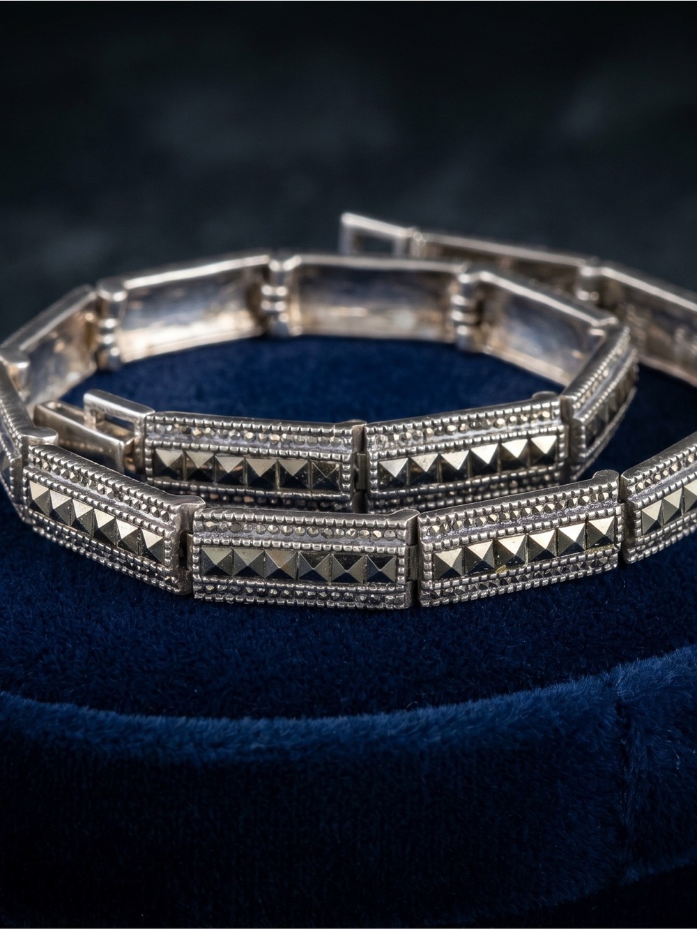 Vintage Sterling Silver Marcasite Link Bracelet 7” | Art Deco Style